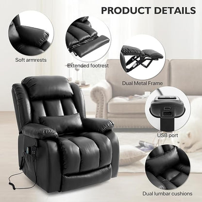 EDILLY Extra Large Power Lift Recliner Chairs for Elderly,Infinite Position Lay Flat Dual Motor Recliners Chair, with Heating and Massage, Breathable Leather,USB Ports and Remote Control(Black)