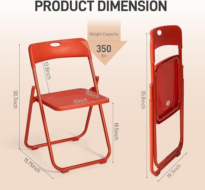 Karl home 6 Pcs Folding Chair, 300LBS Lightweight Foldable Plastic Chair, Reinforced Metal Frame Easy to Fold & Store for Indoor & Outdoor, Wedding, Party, Meeting Room, Patio and Garden, Orange