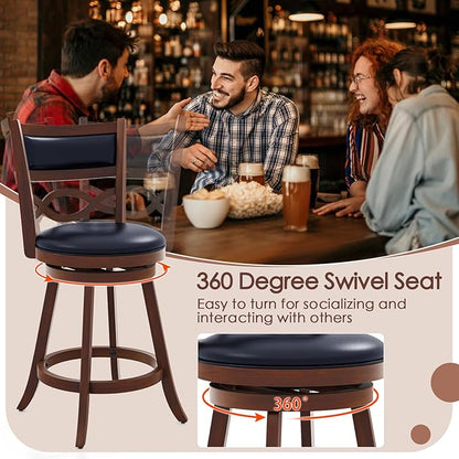 COSTWAY Bar Stools Set of 2, 24.5” Counter Height Stools with Rubber Wood Frame, Faux Leather Upholstered Seat and Backrest, Swivel Barstools for Kitchen Island, Pub, Brown (2, Seat Height: 24.5”)