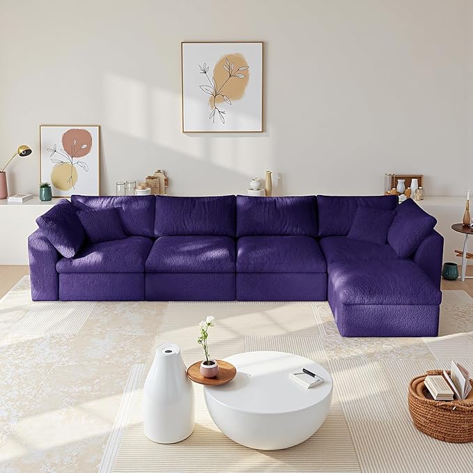 138" Boneless Cloud Couch Modular Sectional Sofa with Deep Seat for Living Room, L Shape Couch with Ottoman, Snowflake Cloth and 40D Memory Sponge，2 Throw Pillows (Purple, 4 Seater+1 Ottoman)
