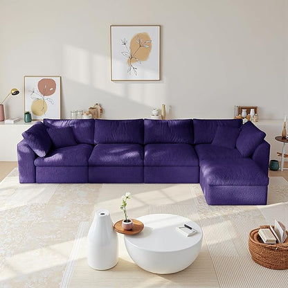 138" Boneless Cloud Couch Modular Sectional Sofa with Deep Seat for Living Room, L Shape Couch with Ottoman, Snowflake Cloth and 40D Memory Sponge，2 Throw Pillows (Purple, 4 Seater+1 Ottoman)