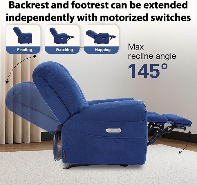 EONIX Power Rocker Recliner Chair, Lazy Boy Recliner Rocking Chair for Adults and Nursery, Electric Recliner Chair with Heat and Massage for Living Room, Bedroom, Study Room, Relaxation, Navy Blue