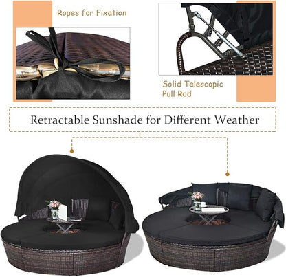 COSTWAY Patio Round Daybed with Retractable Canopy, Wicker Furniture Sectional Couch with Separate Cushioned Seats, Adjustable Table Top, Patio Rattan Daybed Sofa for Backyard, Poolside, Black