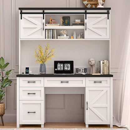 Farmhouse 67" H Executive Desk with Hutch,Office Desks with 5 Drawers, Computer Desk with Storage Cabinet & File Drawers and Charging Station, Wood Workstation for Home Office and Study.(Black).