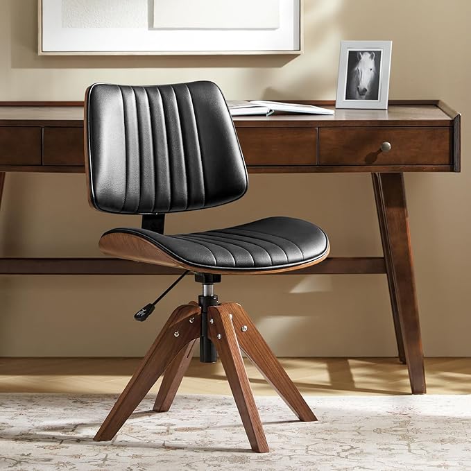 HULALA HOME Office Desk Chair with Solid Wood Legs, Adjustable Height & 360° Swivel, Comfy Bentwood Faux Leather Tufted Task Chair, Black