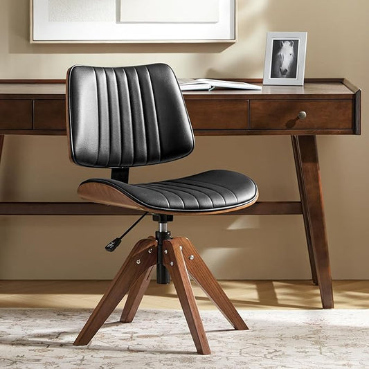 HULALA HOME Office Desk Chair with Solid Wood Legs, Adjustable Height & 360° Swivel, Comfy Bentwood Faux Leather Tufted Task Chair, Black