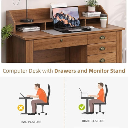 4 EVER WINNER Wooden Desk with Drawers, Small Desk with Monitor Stand and File Drawe, Writing Desk with Drawers for Bedroom Small Spaces, Walnut