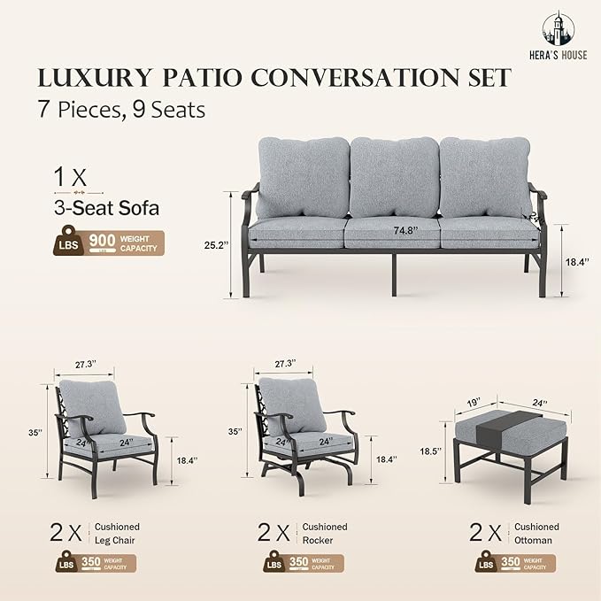 HERA'S HOUSE 7 Piece Patio Furniture Set, 2 x Rocking Chair, 2 x Fixed Chair, 2 x Ottoman, 1 x 3-Seat Sofa, All Cushioned 9 Seats Outdoor Conversation Set for Lawn Garden Backyard, Grey