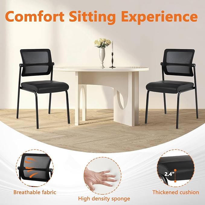 CLATINA Stackable Waiting Room Chair with Adjustable Mesh Backrest, Armless Office Guest Reception Chairs with Leather Cushion and Ergonomic Lumbar Support for Conference Lobby Side School, 8PK, Black