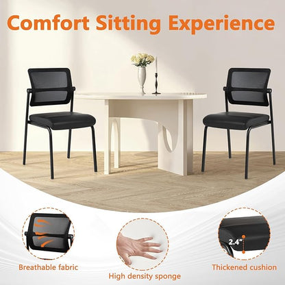 CLATINA Stackable Waiting Room Chair with Adjustable Mesh Backrest, Armless Office Guest Reception Chairs with Leather Cushion and Ergonomic Lumbar Support for Conference Lobby Side School, 8PK, Black