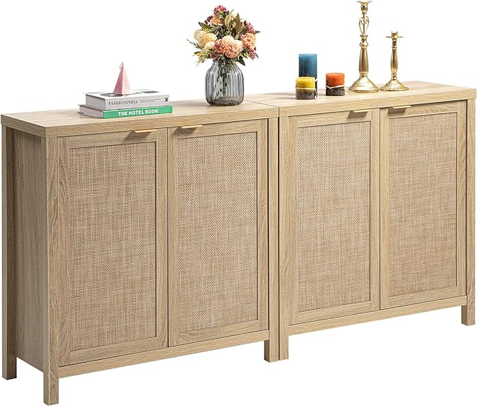 SICOTAS Rattan Sideboard Buffet Cabinet with Large Storage : Boho Credenza Coffee Bar Cabinet with Adjustable Shelves, Farmhouse Console Table for Kitchen, Living Room, Entryway, Natural, 2 Pieces
