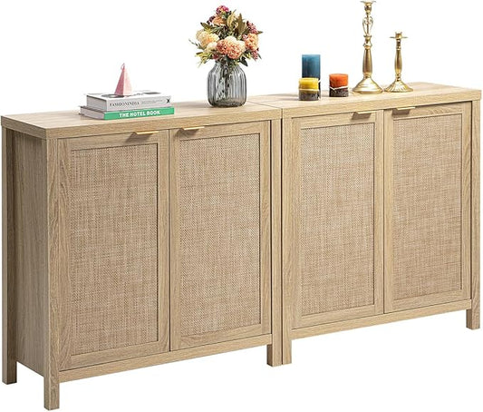 SICOTAS Rattan Sideboard Buffet Cabinet with Large Storage : Boho Credenza Coffee Bar Cabinet with Adjustable Shelves, Farmhouse Console Table for Kitchen, Living Room, Entryway, Natural, 2 Pieces