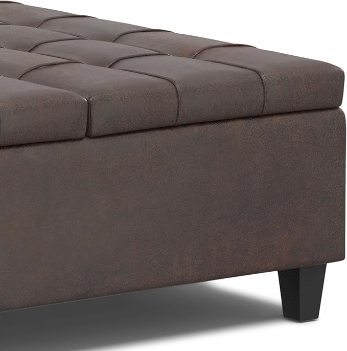 SIMPLIHOME Harrison 40 inch Wide Transitional Square Large Coffee Table Storage Ottoman in Distressed Brown Vegan Faux Leather, Assembled, for The Living Room and Bedroom