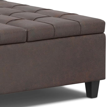 SIMPLIHOME Harrison 40 inch Wide Transitional Square Large Coffee Table Storage Ottoman in Distressed Brown Vegan Faux Leather, Assembled, for The Living Room and Bedroom