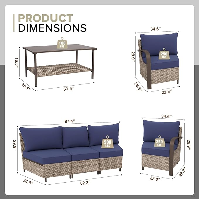 COOS BAY Aurora Terrace Half-Moon Outdoor Furniture Set, Rattan Conversation Set with Curved 5-Seat Sofa, Coffee Table, Seats 5, Beige/Blue