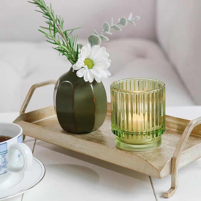 Kate Aspen Vintage Ribbed Glass Candle Holder Decor, Green Votive Candle Holders for Holiday Table Decor, Tealight Candles Holder Glass (Set of 6), Dinning & Christmas Table Decoration Tablescape