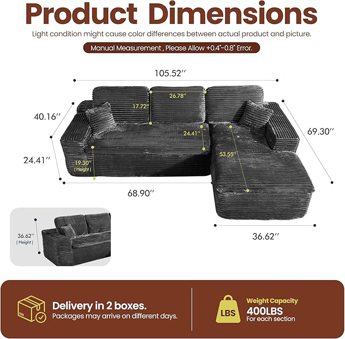 106" Oversized Couch Sofa, L Shape Couches for Living Room, No Assembly Required Plush Velvet Sectional Sofas with Right Facing Chaise for Home Apartment
