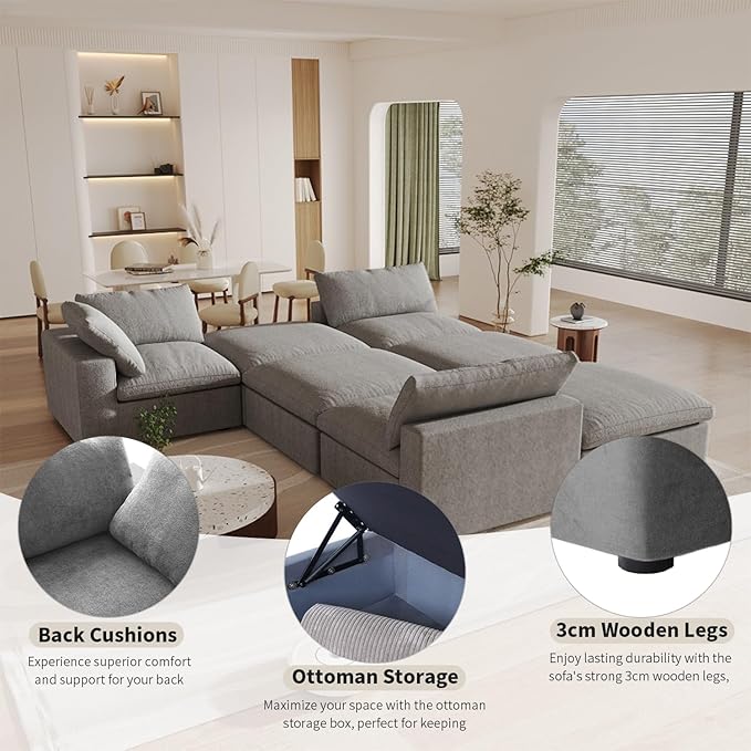 Cloud Modular Sectional Sofa,120" Down Filled Comfort Sofa Couch for Living Room,3 Seater Couches for Livingroon Apartment,Sofa Cover Washable and Replaceable,Grey