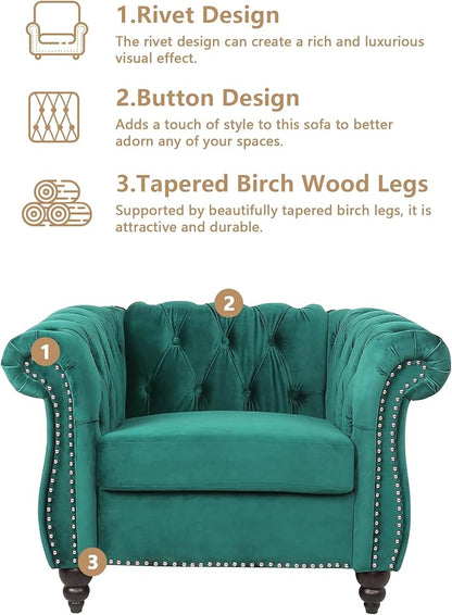 Living Room Chair, Modern Velvet Chesterfield Sofa Chair, Mid Century Single Sofa Couch Chair with Tufted Back and Rolled Arms, Accent Sofa Chair for Living Room Apartment, Green