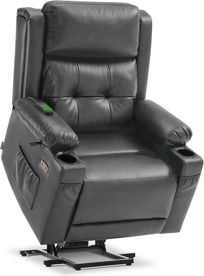 MCombo Large Triple Motor Power Lift Recliner Chair with Massage and Heat for Elderly People, Adjustable Headrest, Infinite Position, USB Ports, Faux Leather 7662 (Dark Grey, Large)