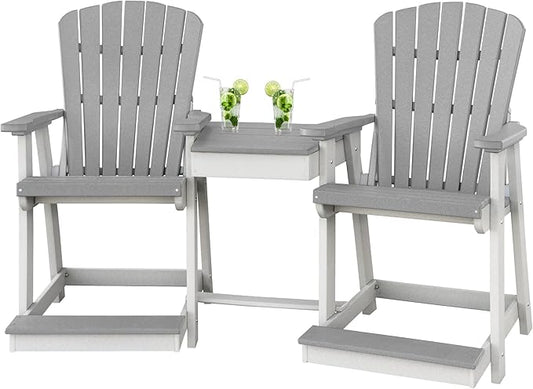 DutchCrafters Plastic Poly Outdoor Bistro Set with 2 Chairs and Attached Center Table, 3 Piece Patio Furniture Set - Amish Made in USA (White & Light Gray)