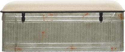 Deco 79 Metal Room Storage Bench Galvanized Entryway Bench with Cream Burlap Top, Bench 50" x 16" x 18", Gray