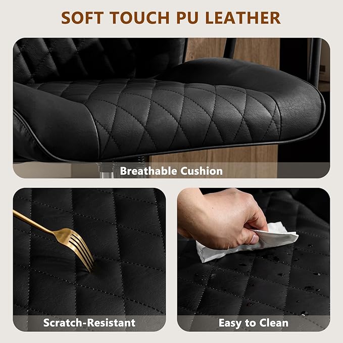 Leather Home Office Desk Chairs, Comfy Office Chair, Mid Century Modern Office Chair with Lumbar Support, Mid-Back Adjustable Swivel Computer Chair with Wheels and Arms, Black