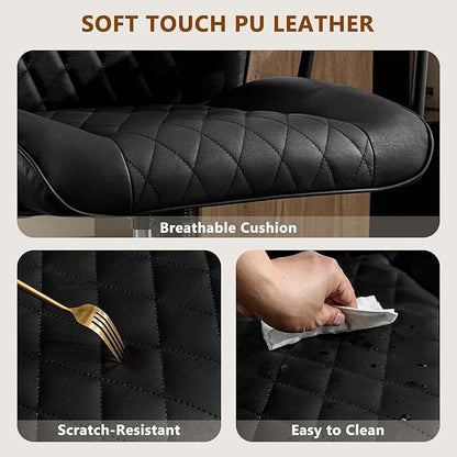 Leather Home Office Desk Chairs, Comfy Office Chair, Mid Century Modern Office Chair with Lumbar Support, Mid-Back Adjustable Swivel Computer Chair with Wheels and Arms, Black