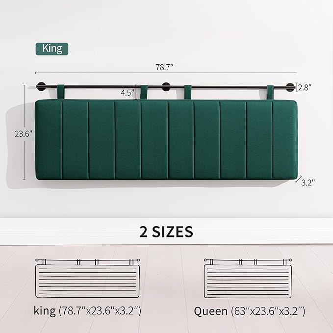 UEV King Headboard Only, Wall Mounted Hanging Upholstered Bed Head Board, Modern Vertical Channel Design of Fine Linen, Elegant Light Yellow Fluted Headboard for Bedroom (Dark Green, King Size)