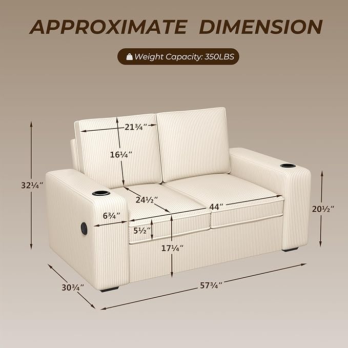 Furnimart 58" Wide Plush Loveseat, 2-Seater Sofa with Dual-Port USB Charger & Cup Holders, Corduroy Fabric, Modern Accent Couch for Small Spaces, Apartment, Living Room(Corduroy-Beige)