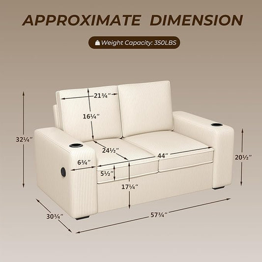 Furnimart 58" Wide Plush Loveseat, 2-Seater Sofa with Dual-Port USB Charger & Cup Holders, Corduroy Fabric, Modern Accent Couch for Small Spaces, Apartment, Living Room(Corduroy-Beige)