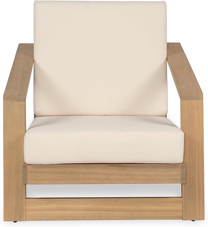 Christopher Knight Home Galio Set of 2 Acacia Wood Lounge Chair Outdoor, Wooden Patio Armchair for Lounging, Patio Furniture Single Sofa Chair Set, Comfy Reading Chair with Cushion, Light Teak+Beige