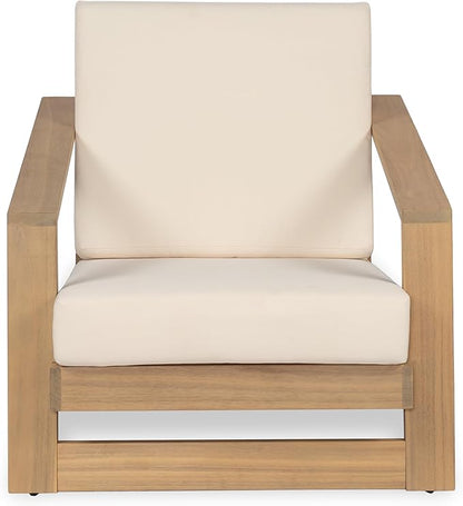 Christopher Knight Home Galio Set of 2 Acacia Wood Lounge Chair Outdoor, Wooden Patio Armchair for Lounging, Patio Furniture Single Sofa Chair Set, Comfy Reading Chair with Cushion, Light Teak+Beige