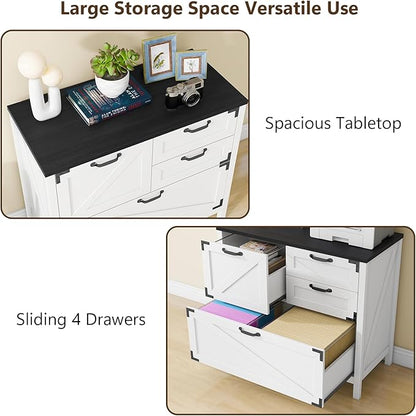 Lateral File Cabinet with 4 Drawers Farmhouse File Cabinet for Letter/Legal/A4 Size Hanging Files, Large Wood File Storage Cabinets Printer Stand for Home Office Cabinet, White and Black