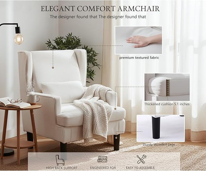 Accent Chair for Living Room Chairs Upholstered Oversized Reading Chair Armchair Accent Chairs Set of 2 Living Room Chair with High Back and Wood Legs,Arm Chair Comfy Chair for Bedroom(Beige)