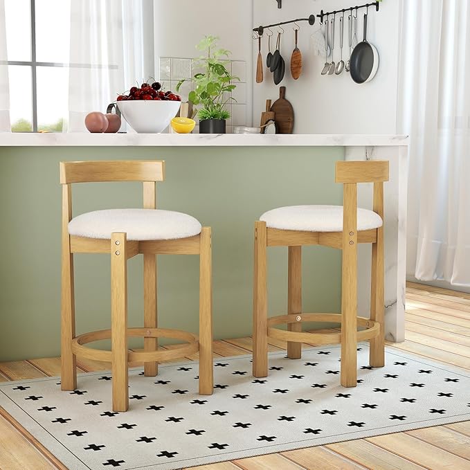 COSTWAY 24'' Counter Height Bar Stools Set of 4, Teddy Velvet Upholstered Bar Chairs with Backrests and Footrests, Wood High Barstools for Kitchen Island and Dining Room (Natural)
