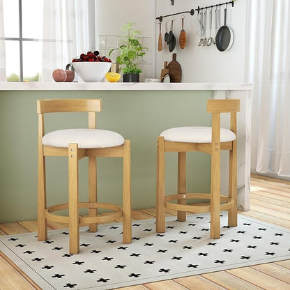 COSTWAY 24'' Counter Height Bar Stools Set of 4, Teddy Velvet Upholstered Bar Chairs with Backrests and Footrests, Wood High Barstools for Kitchen Island and Dining Room (Natural)