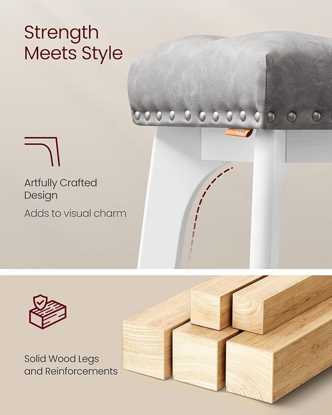 VASAGLE Bar Stools Set of 4, Saddle Counter Height Bar Stools, 26-Inch Backless Kitchen Stools with Wood Legs, PU Leather Thickened Upholstered Barstools for Kitchen Island Dining Room, Dove Gray