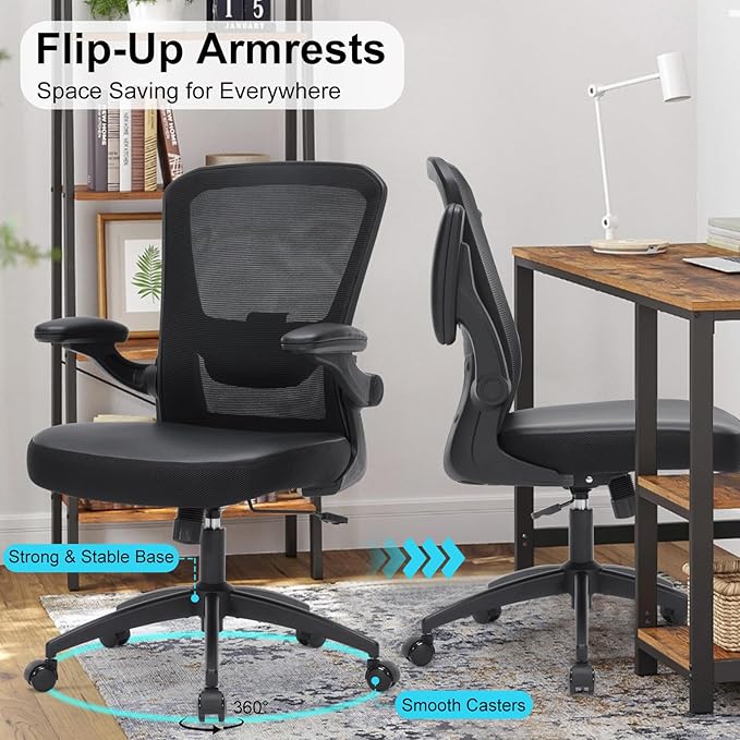 Office Chair, 350lbs Heavy Duty Ergonomic Desk Chair with Flip-Up Arms, Home Office Desk Chairs with Adjustable Seat Height & Lumbar Support, Executive Computer Desk Chair for Heavy People