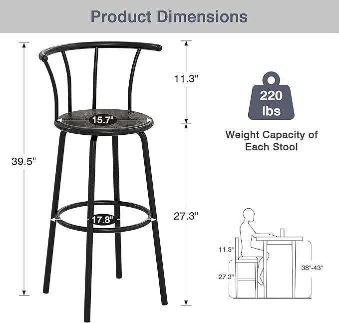 VECELO Bar Stools Set of 2, Swivel Counter Barstools with Backrest, Bar Height Chairs for Dining Room, Kitchen Island, Pub, Easy Assembly, Retro Grey