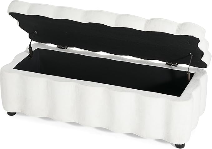 Christopher Knight Home Pean Living Room Ottoman with Storage, Fabric Upholstered Storage Ottoman Bench, Sofa Foot Stool with Wood Frame, Bedroom End of Bed Bench, Chic Scalloped Design, White
