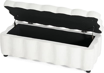 Christopher Knight Home Pean Living Room Ottoman with Storage, Fabric Upholstered Storage Ottoman Bench, Sofa Foot Stool with Wood Frame, Bedroom End of Bed Bench, Chic Scalloped Design, White