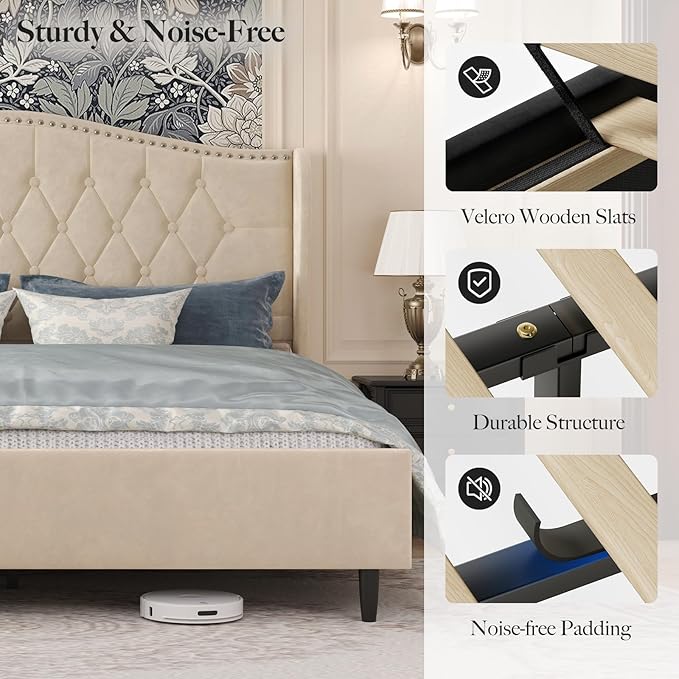 Belffin Full Size Bed Frame with Headboard, Upholstered Velvet Luxury Bed Frame with Wingback, Anti-Slide Tall Footboard, Button Tufted & Nailhead Trim, Noise-Free, No Box Spring Needed, Beige