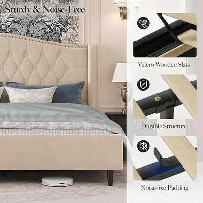 Belffin Full Size Bed Frame with Headboard, Upholstered Velvet Luxury Bed Frame with Wingback, Anti-Slide Tall Footboard, Button Tufted & Nailhead Trim, Noise-Free, No Box Spring Needed, Beige
