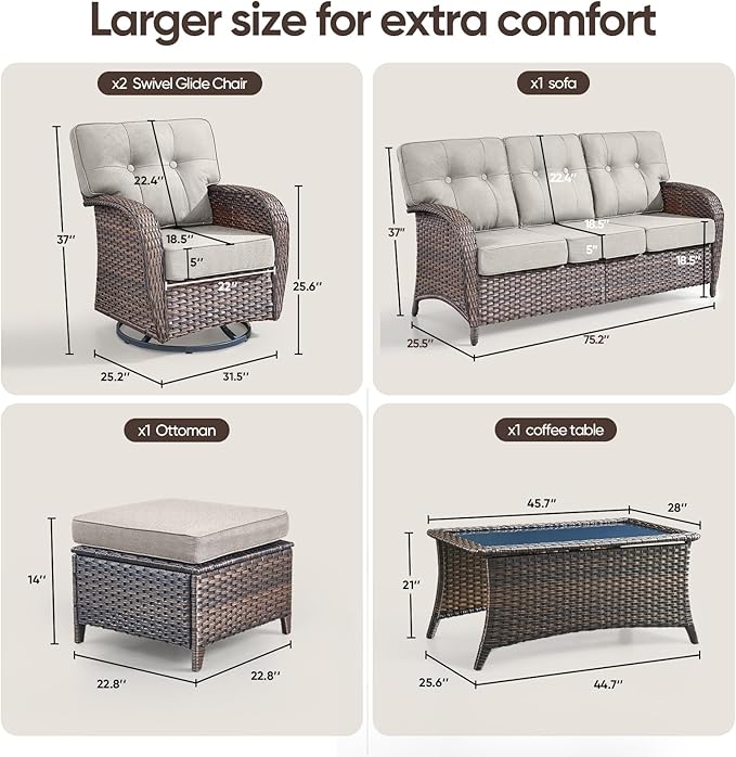 6-Piece Rotating Balcony Chair Set with 31-inch T-Shaped Wide backrest - Rattan Outdoor Rotating Balcony Chairs, Wide backrest Comfortable Outdoor Sliding Chair - Brown | Beige