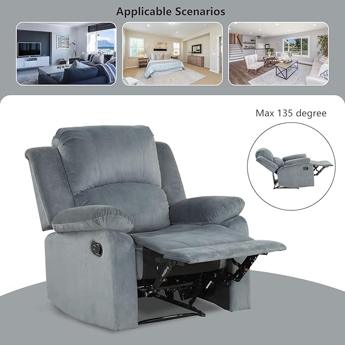 CANMOV Manual Recliner Chair Set of 2, Soft Fabric Overstuffed Recliner Single Sofa Chair for Living Room, Heavy Duty and Safety Reclining Mechanism (Blue Grey)