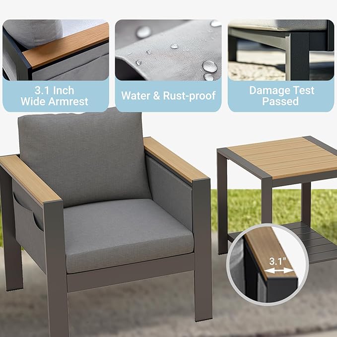 Corinth 3-Piece Aluminum Patio Conversation Set - Outdoor, Porch, Balcony, Yard, Gardern, All Weather, 2 Comfortable Sofa and 1 Coffee Table, Grey