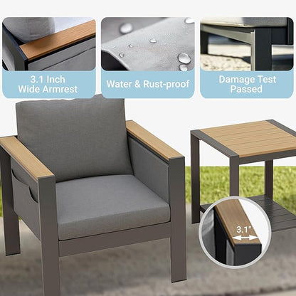 Corinth 3-Piece Aluminum Patio Conversation Set - Outdoor, Porch, Balcony, Yard, Gardern, All Weather, 2 Comfortable Sofa and 1 Coffee Table, Grey