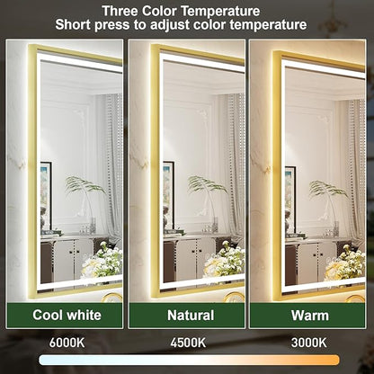 24x32 Inch LED Bathroom Mirror with Lights, Frontlit & Backlit Gold Metal Frame Mirror, Wall Mounted Lighted Vanity Mirrors for Wall, Double Lights Strips,Anti Fog Stepless Dimmable 3000K-6000K