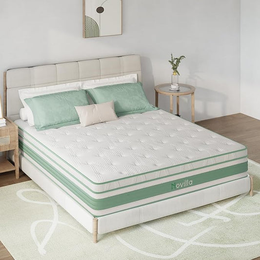 Novilla King Mattress, 12 Inch Hybrid Mattress, High Density Gel Foam with Pocket Coils for a Cozy Sleep, Motion Isolation Medium Firm King Size Mattresses, Pillow Top Mattresses, Balance Support